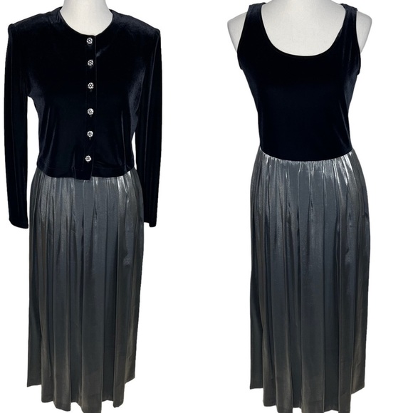 Jessica Howard Black Velvet Silver Satin Ball Gown Matching Jacket Sz 8 Formal - Picture 1 of 12